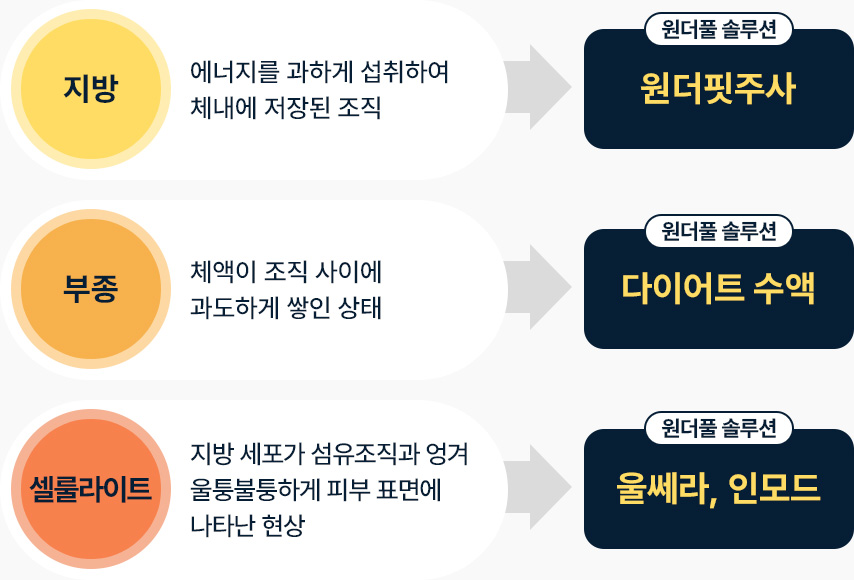 원더핏주사(얼굴) 지방분해주사 지방은 원더핏주사 부종은 다이어트수액 셀룰라이트는 울쎄라 인모드