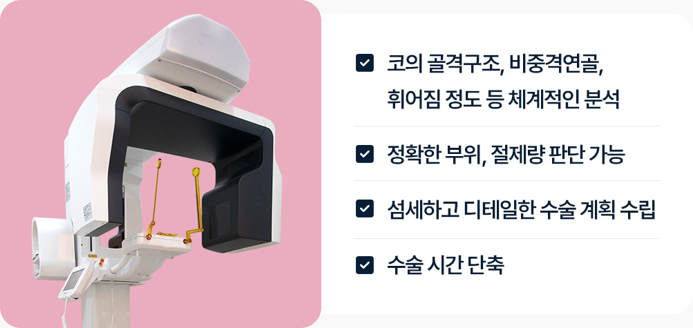 3D CT 코 골격구조 비중격 연골 휘어짐정도 체계적인 분석 정확한 부위 절제량 판단 디테일한 수술계획 수립 수술시간단축