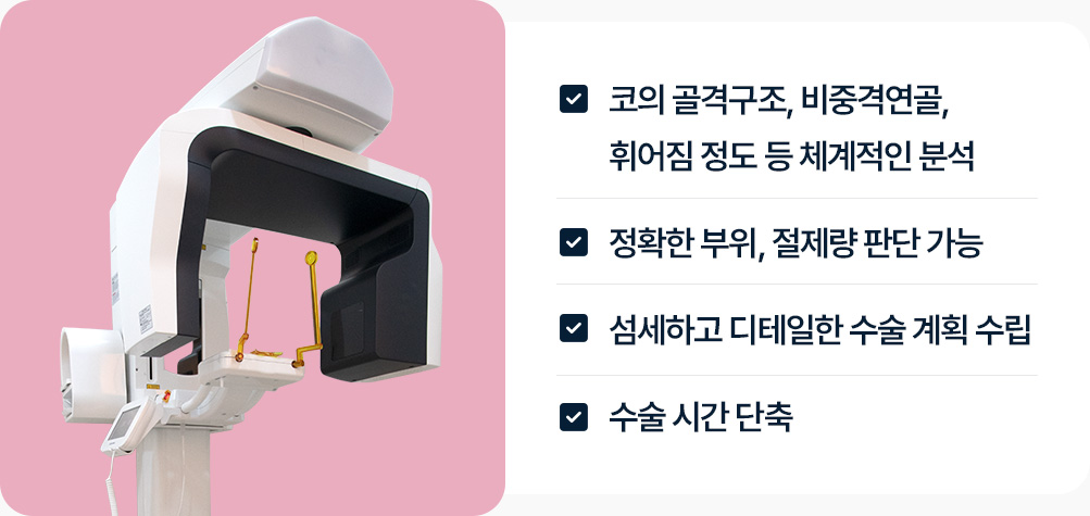 3D CT 코 골격구조 비중격 연골 휘어짐정도 체계적인 분석 정확한 부위 절제량 판단 디테일한 수술계획 수립 수술시간단축